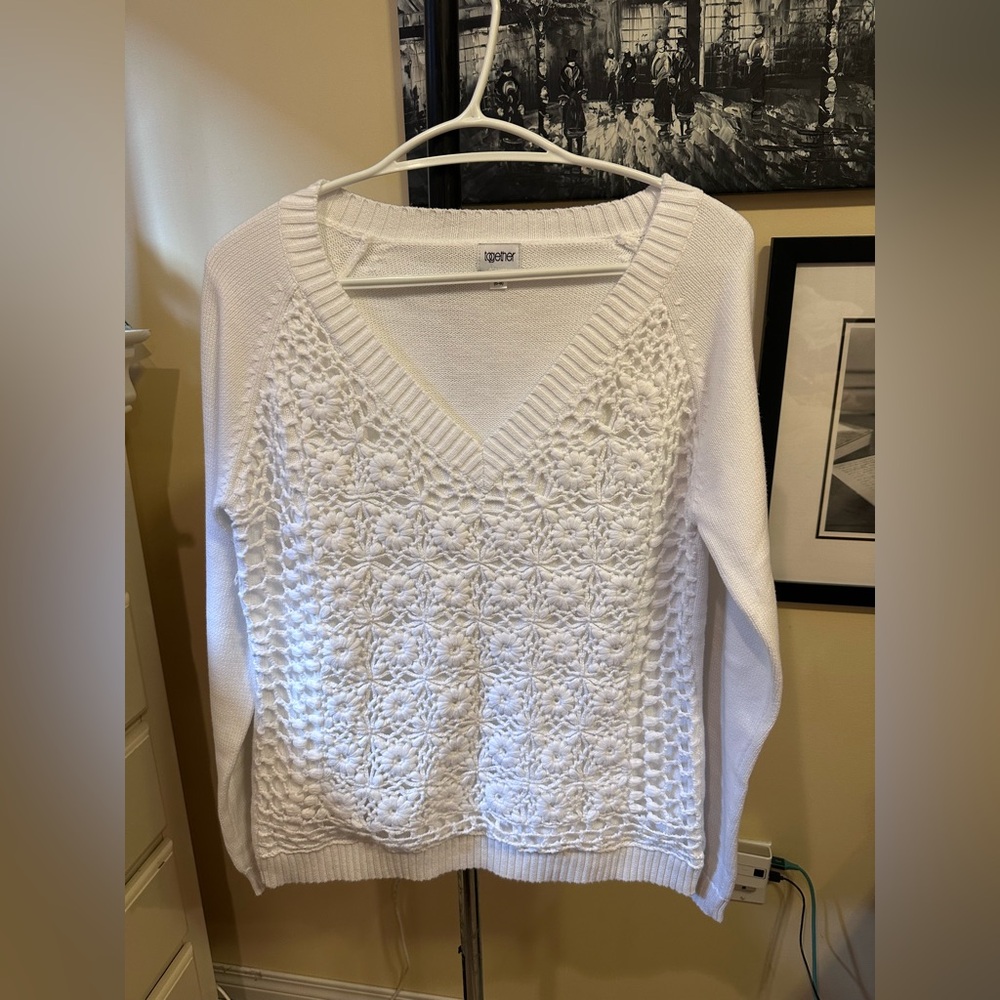 NWOT Together 100% cotton white Vneck crochet sweater